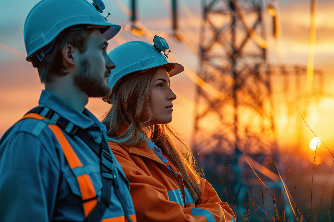 Two technicians by a sunset.